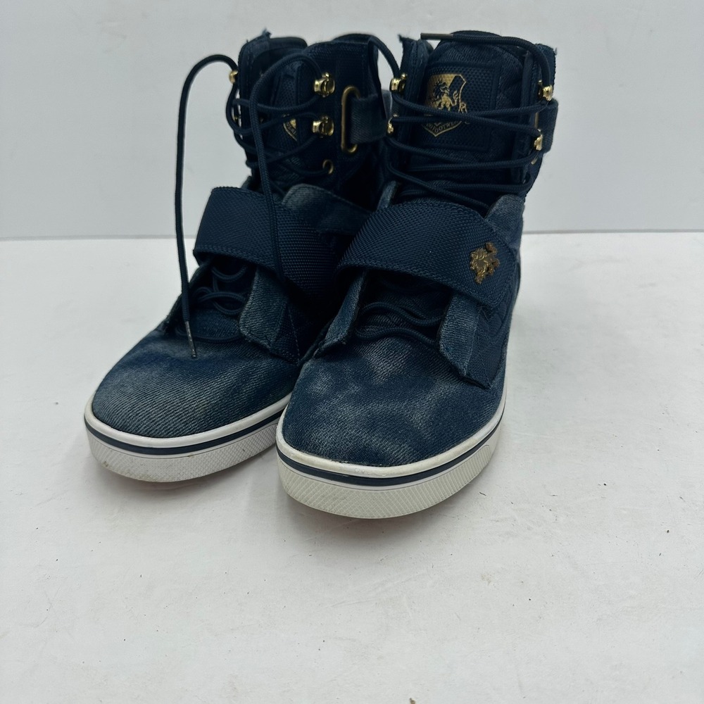 Vlado Atlas II Navy Blue Denim High Top Sneakers Gold Lion Crest Streetwear